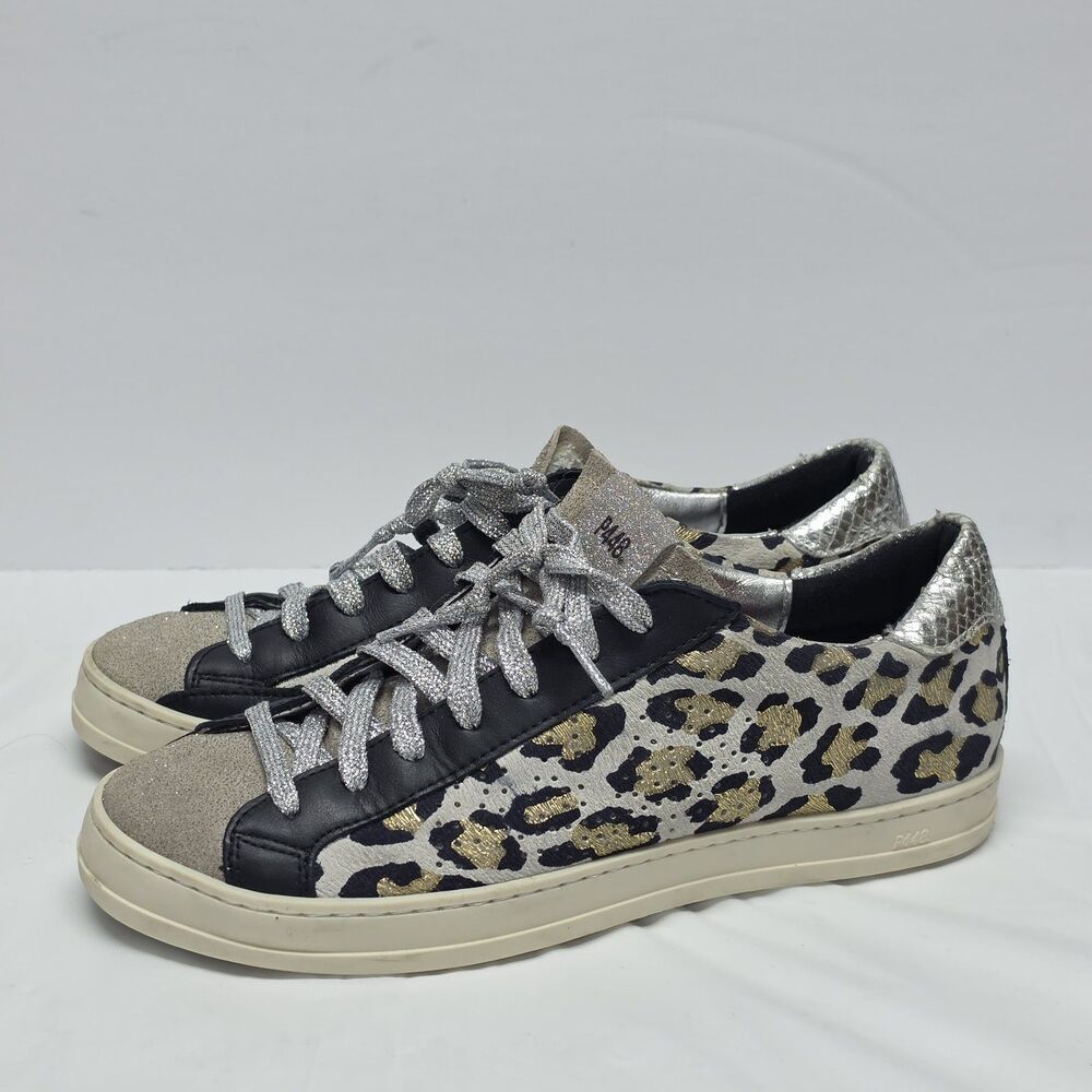P448 John Low Top Leopard Animal Print Leather Sneakers Women's 8.5 Black Gold